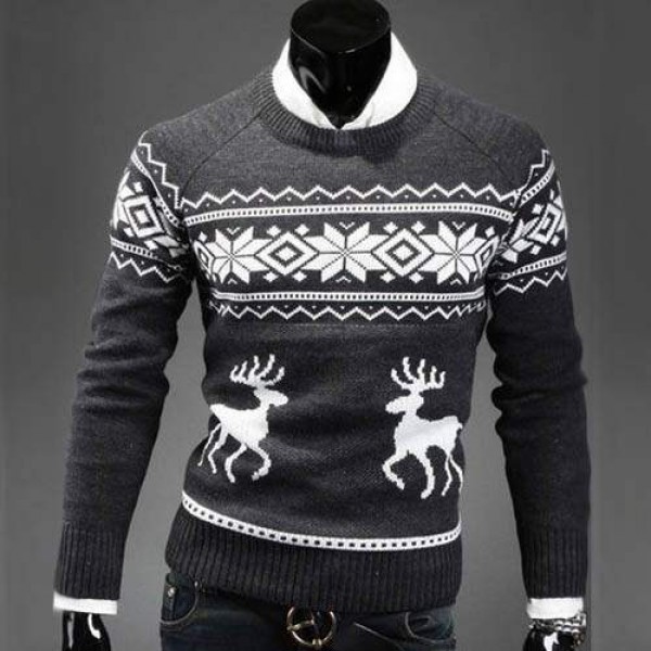 Pull Homme Fashion Col rond Fitted Hiver Noel Gris